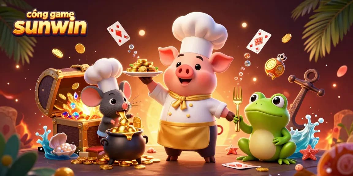 Join the vibrant cổng game sunwin with playful characters and gold coins glimmering in an immersive casino scene.