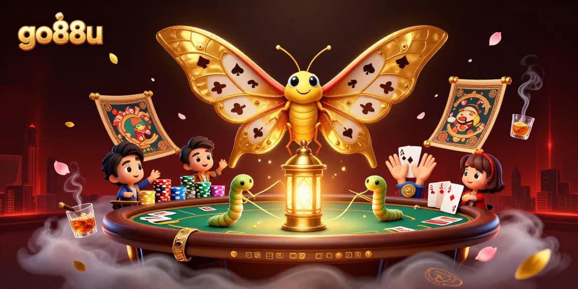 Engage with go88u's vibrant casino scene featuring a majestic moth and poker elements.