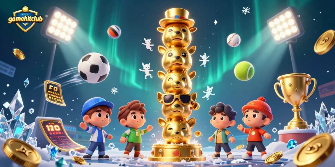 Experience gamehitclub's vibrant casino atmosphere with dynamic sports elements and golden trophies.