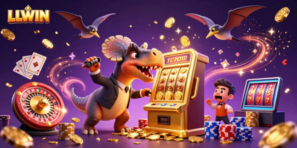LLWIN's dynamic casino scene with a dinosaur hitting a slot machine, catching flying coins, and vibrant gaming elements.