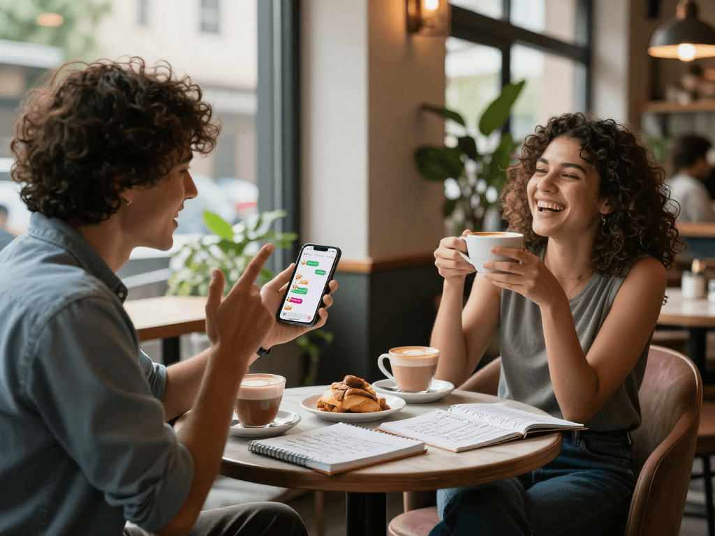 Friends engaging in spicy chat discussions at a café, showcasing a smartphone and lively interactions.
