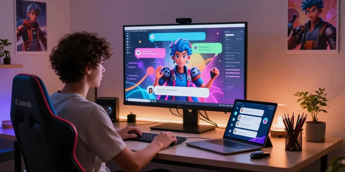 Engaging in an ai nsfw chat with interactive digital character in modern workspace.