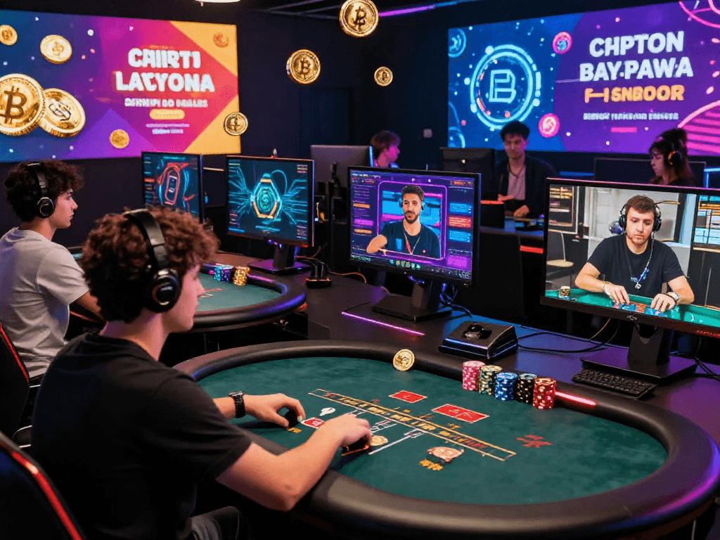 Exciting crypto casino gaming scene with players at digital tables, showcasing vibrant graphics and engaging interaction.