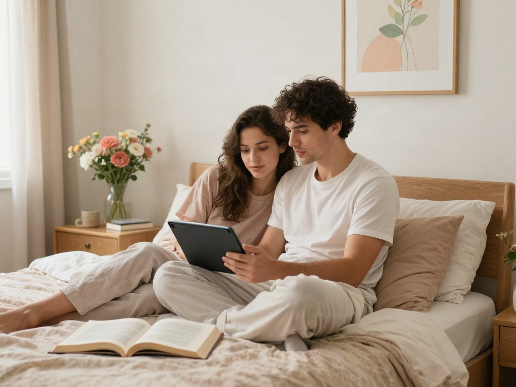 Couple discussing sexual wellness using sex AI in a cozy bedroom scene