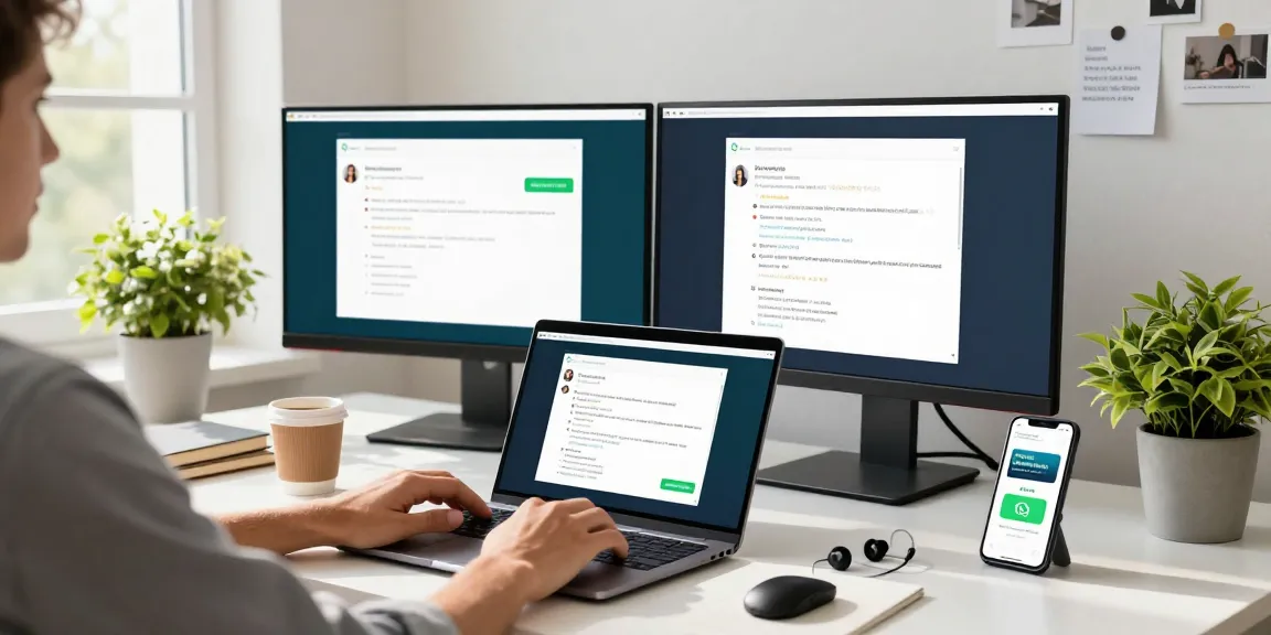 Individual using WhatsApp網頁版 on a laptop in a modern workspace, with vibrant chat screens and natural sunlight.