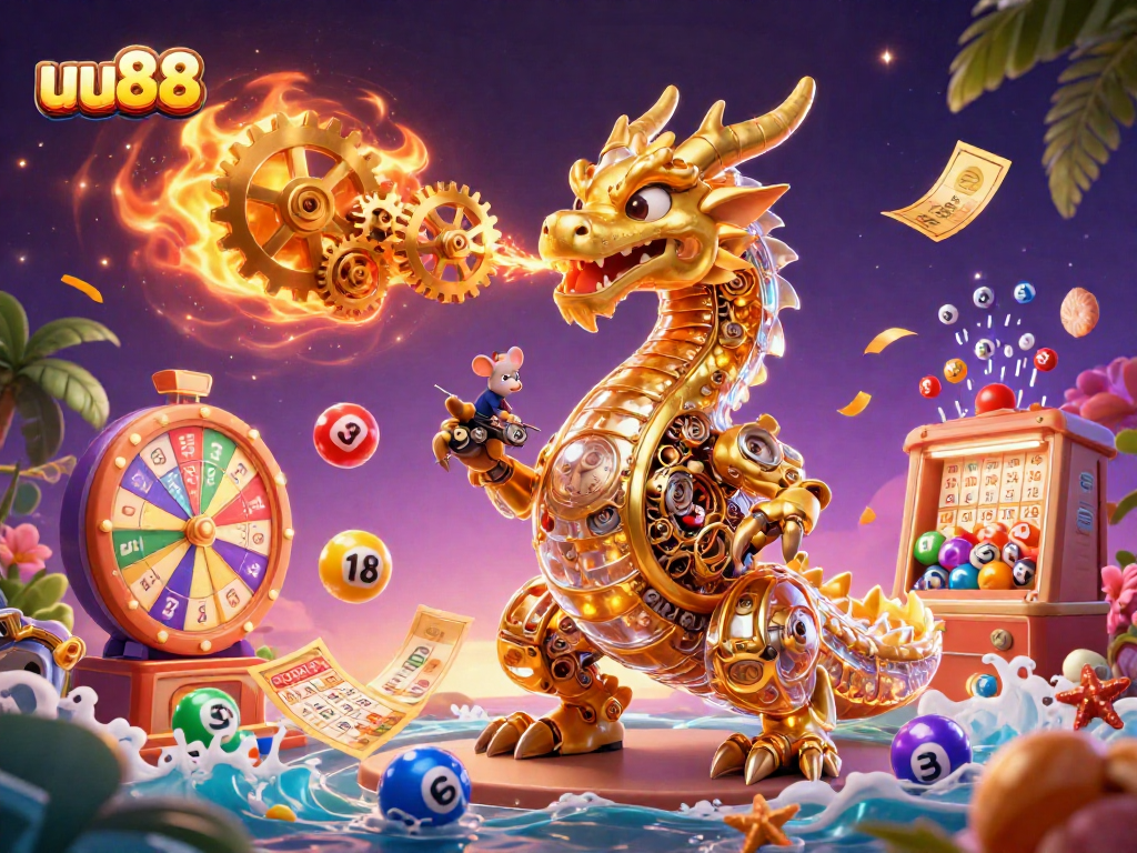 uu88 players enjoying immersive gaming with a golden dragon and lottery elements in action