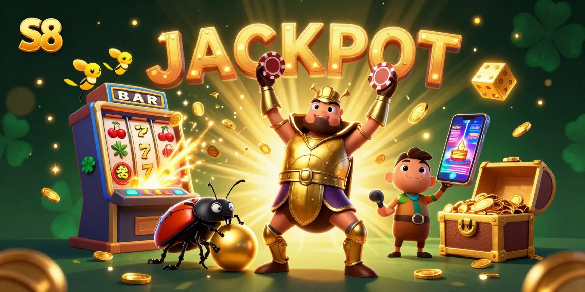 S8 captivates players with a victorious hercules beetle lifting a chip amidst an explosive jackpot scene.