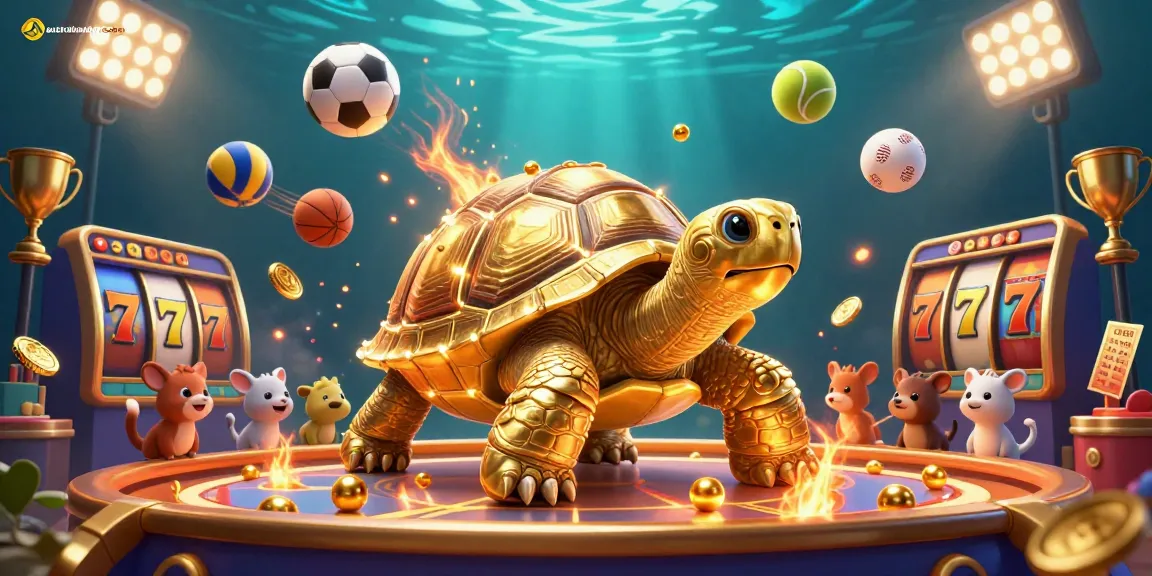 A lively scene of a golden tortoise pinball machine at australianonlinecasino, showcasing vibrant jackpot slots and animated characters.