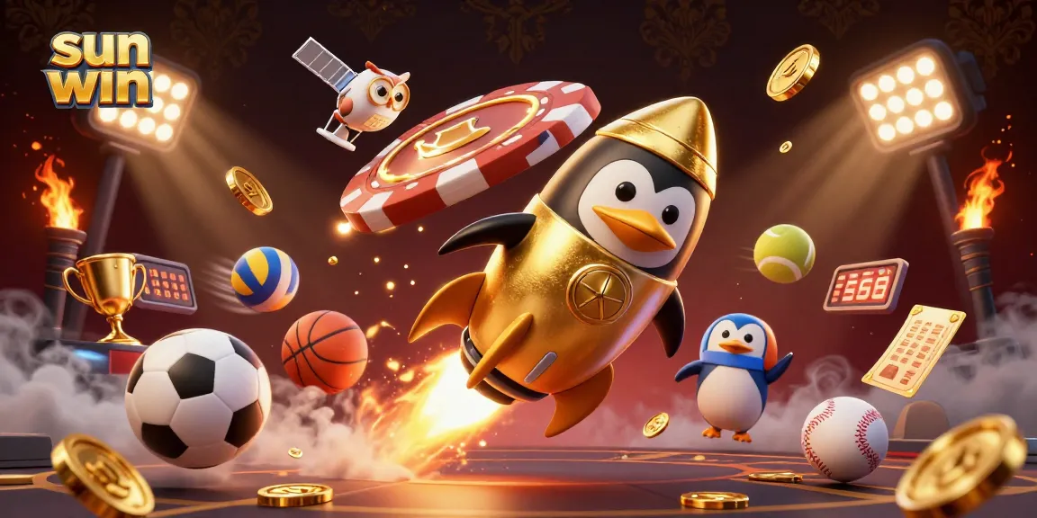 Engage with the dynamic gameplay at sun win, featuring 3D penguins and golden coins in a vibrant casino space.