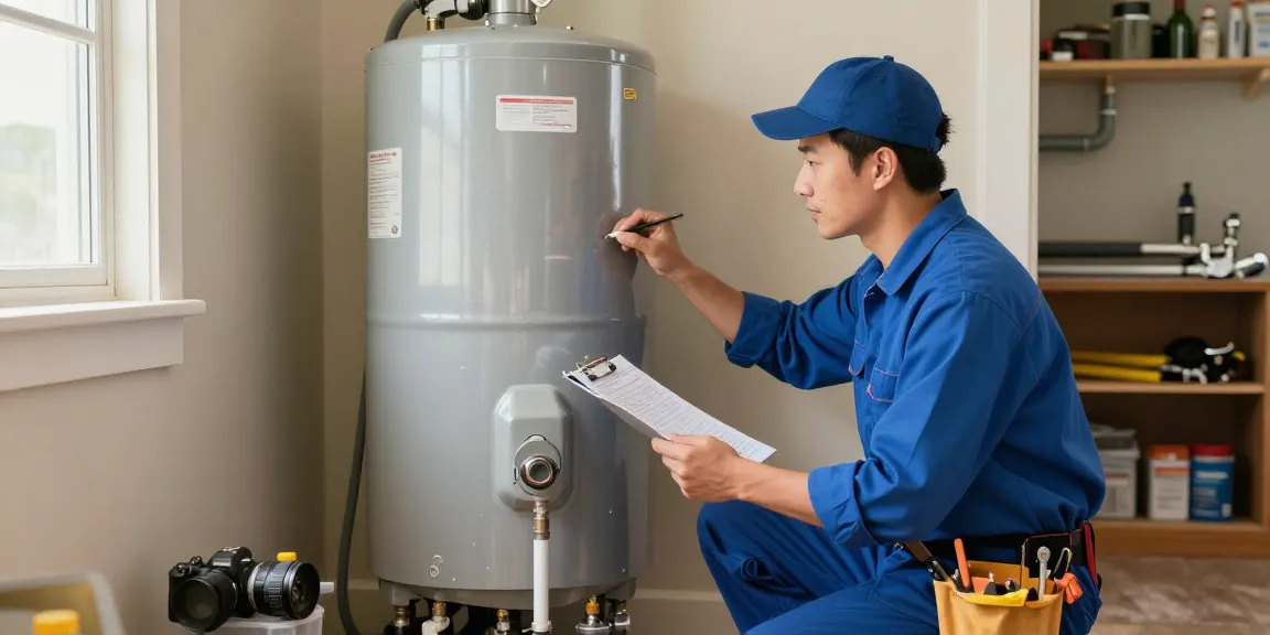 Professional plumber inspecting a traditional water heater replacement Fort Worth in a cozy utility room