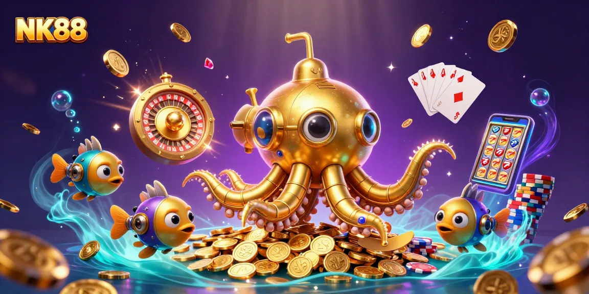Experience thrilling gameplay at NK88 with golden treasures and exciting casino elements in a vibrant underwater scene.