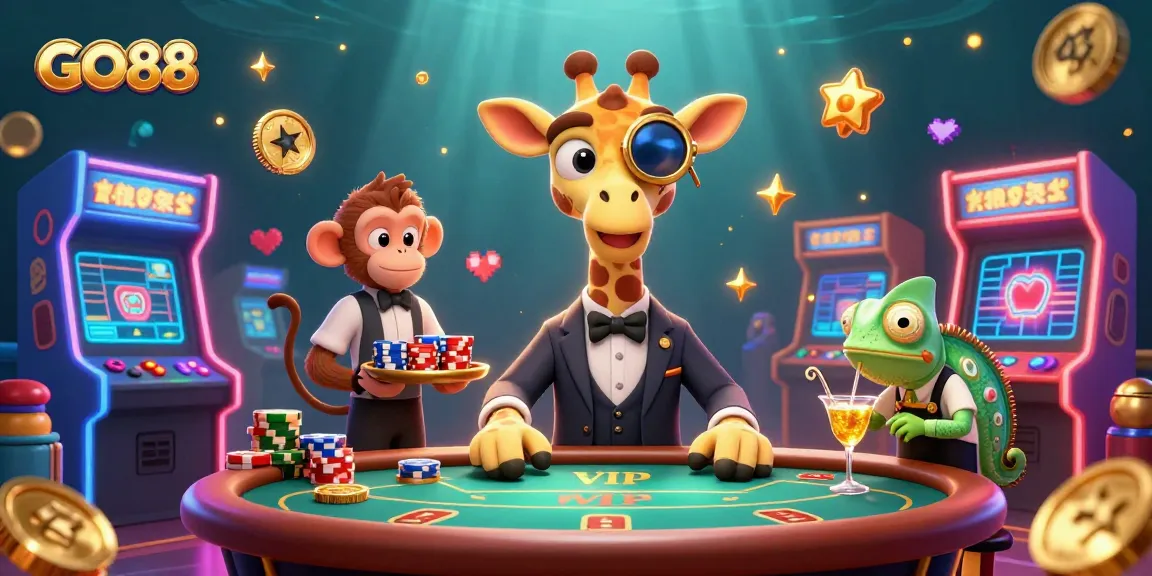 Experience excitement at GO88 with a giraffe high-roller, monkey valet, and chameleon bartender in an engaging casino scene.
