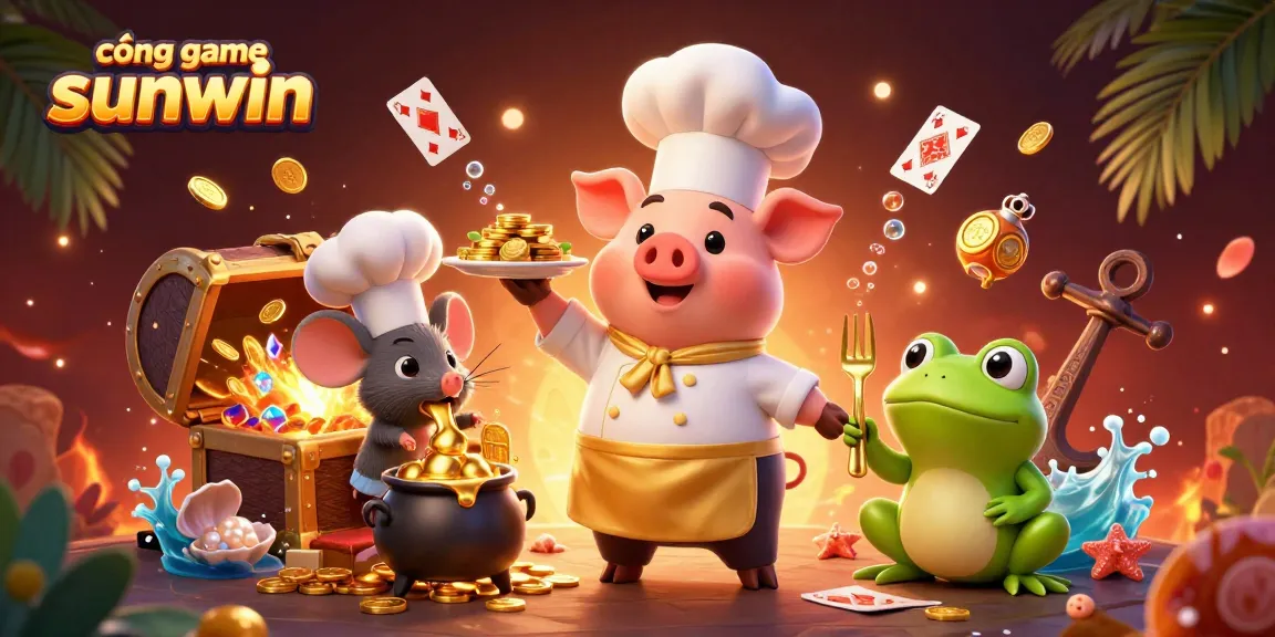 Join the vibrant cổng game sunwin with playful characters and gold coins glimmering in an immersive casino scene.