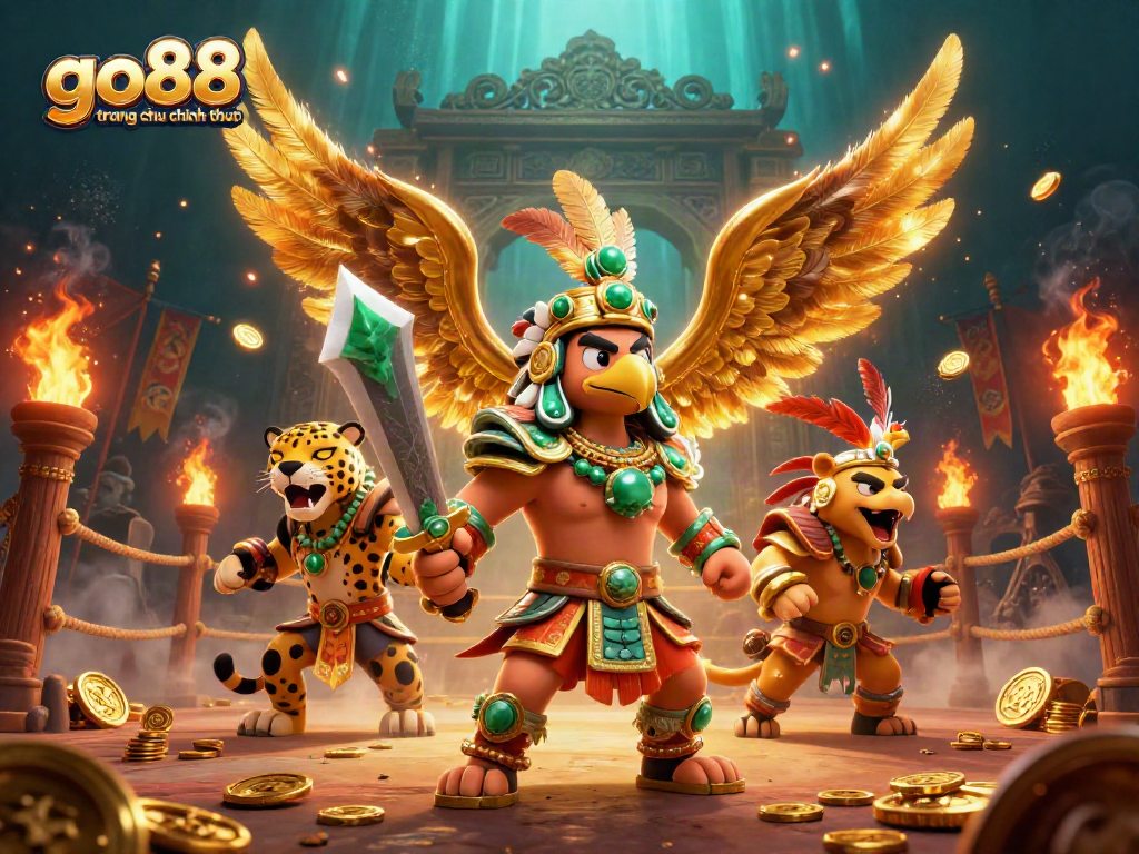 Experience the thrill of go88 trang chu chinh thuc with an epic Aztec warrior scene filled with vibrant casino elements.