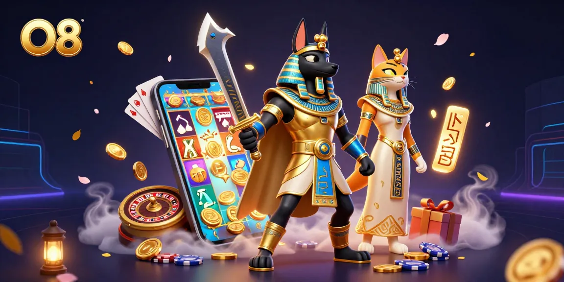 Experience the thrill of online gaming with O8, showcasing Anubis and Bastet amidst vibrant casino elements.