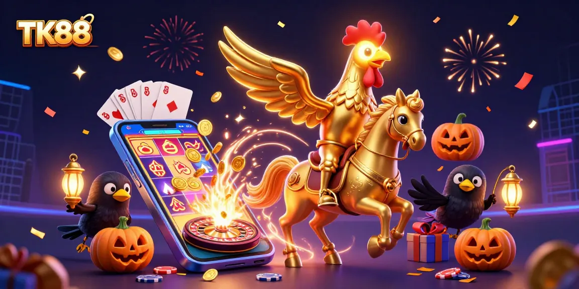 Witness the golden rooster of TK88 illuminating the casino realm with vibrant slot games and dazzling visuals.