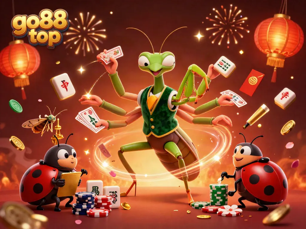 Engage with go88 top in an exciting casino scene featuring a giant mantis card sharp and colorful game elements.