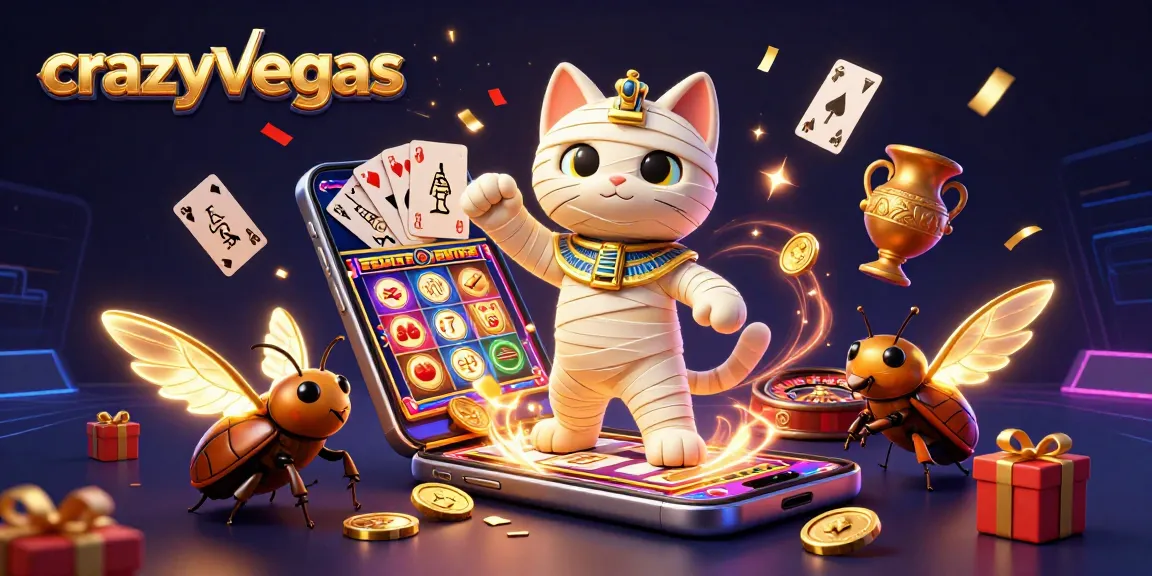 Experience the excitement of crazyvegas with a vibrant 3D illustration of a mummy cat, scarab, and casino games.