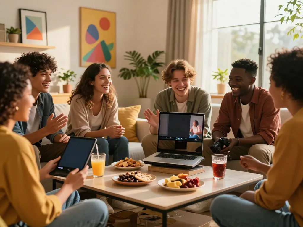 Friends enjoying snacks and sharing a video, try these guys out in a cozy living room.