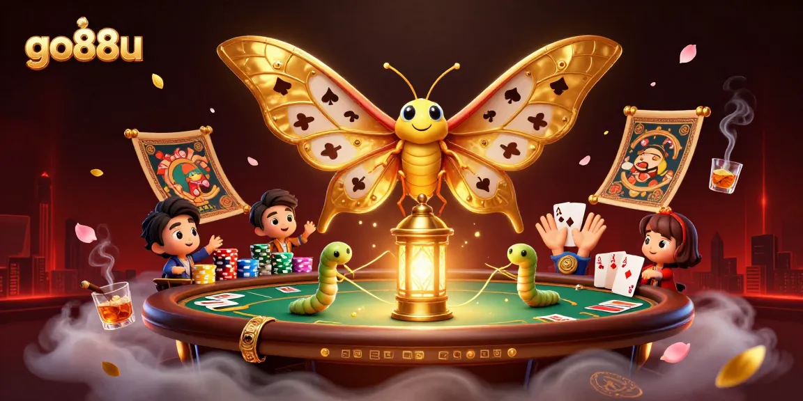Engage with go88u's vibrant casino scene featuring a majestic moth and poker elements.