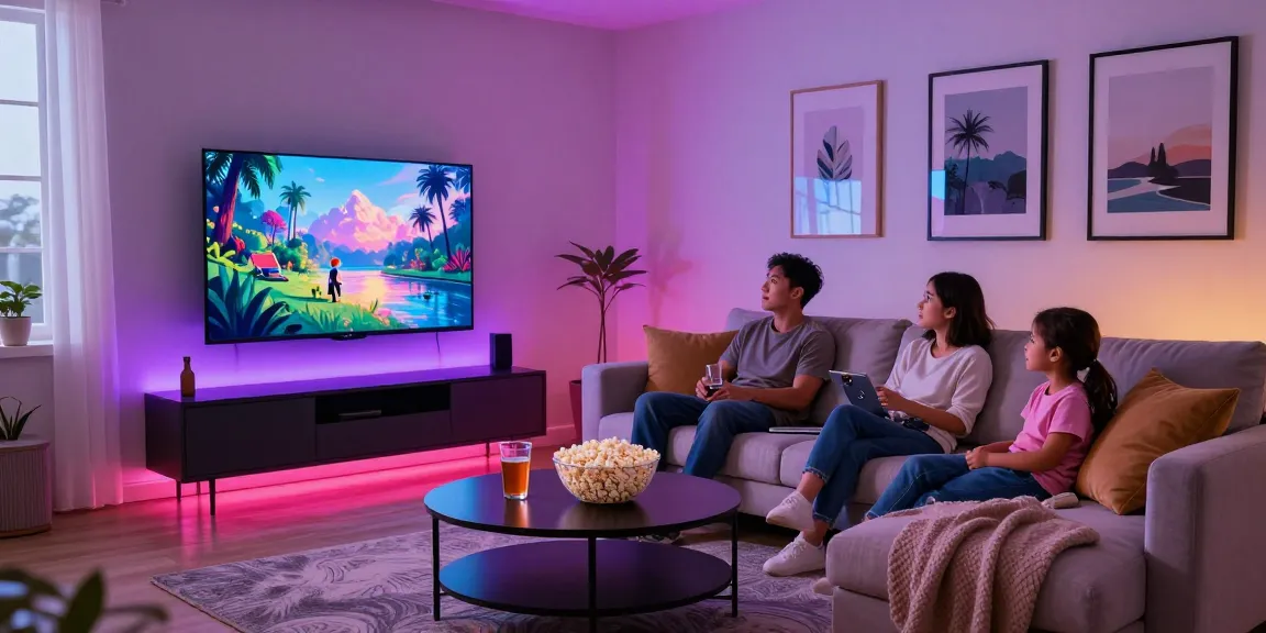 Family enjoying movie night on a mini LED TV in a cozy living room.