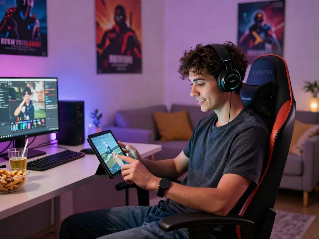 Player enjoying a mobile game in a cozy gaming setup at http://11bet-app.net/