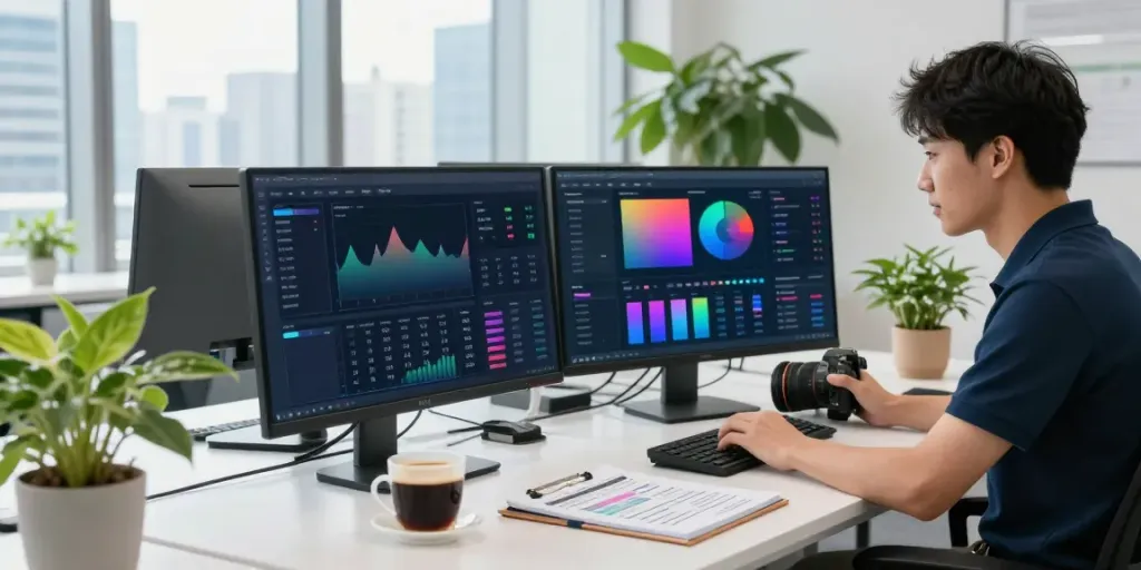 Digital marketer reviewing instant indexing strategies in a modern office.