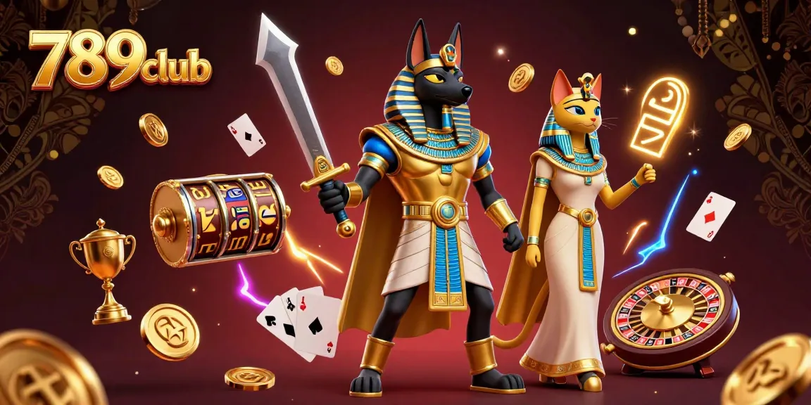 Experience thrilling gaming with 789club as Anubis and Bastet command the scene, blended with exciting slot reels and poker cards.