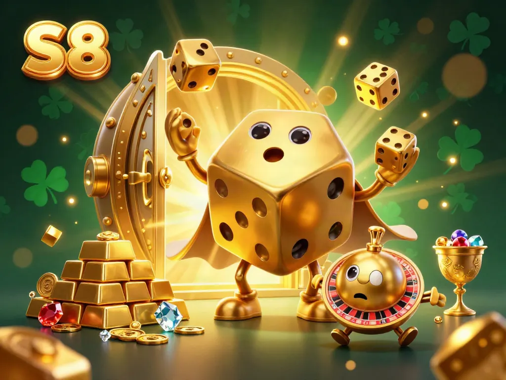 Engage in exhilarating gameplay with the S8 golden dice golem amidst a sparkling casino treasure scene.