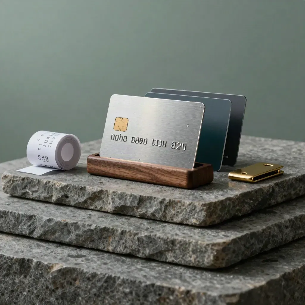 Spend Card card and finance tools on wet stone with warm rain-lit reflections