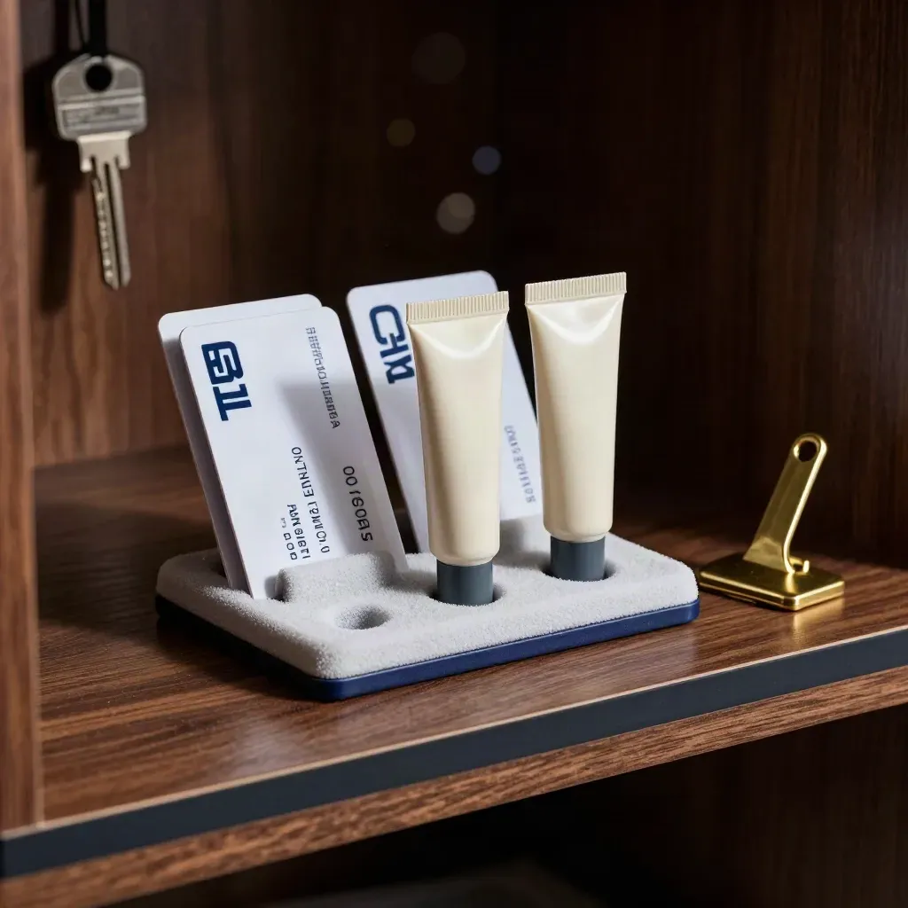 Frosted spend-card prototypes, capped tubes and a brass clip on a dark studio shelf.