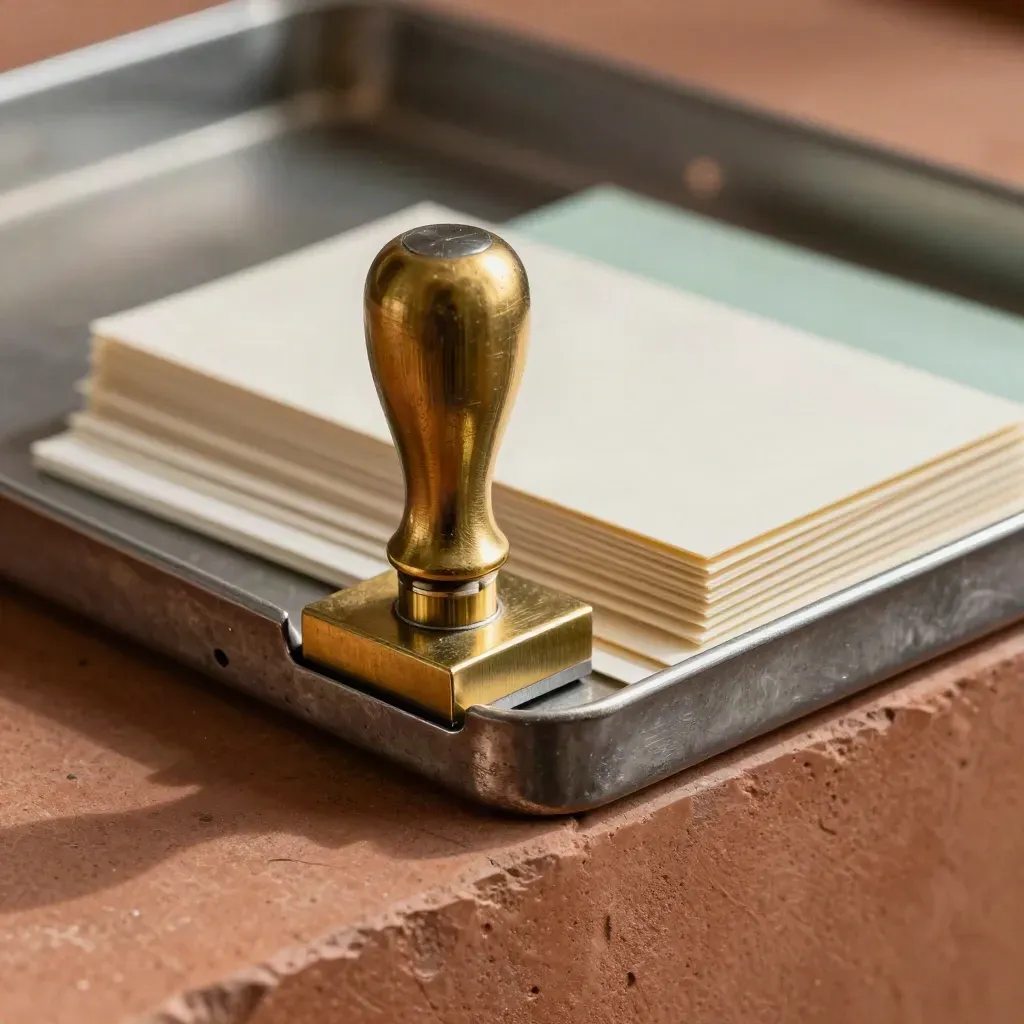 Brass stamp block, blank card sleeves and steel archive tray in warm directional light.
