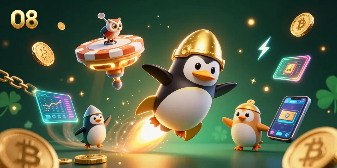 Experience thrilling action with O8's vibrant 3D casino illustration featuring crypto elements and a golden penguin!
