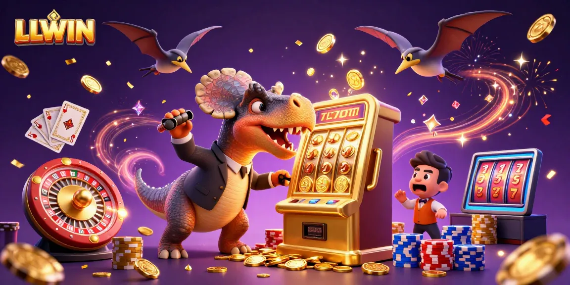 LLWIN's dynamic casino scene with a dinosaur hitting a slot machine, catching flying coins, and vibrant gaming elements.