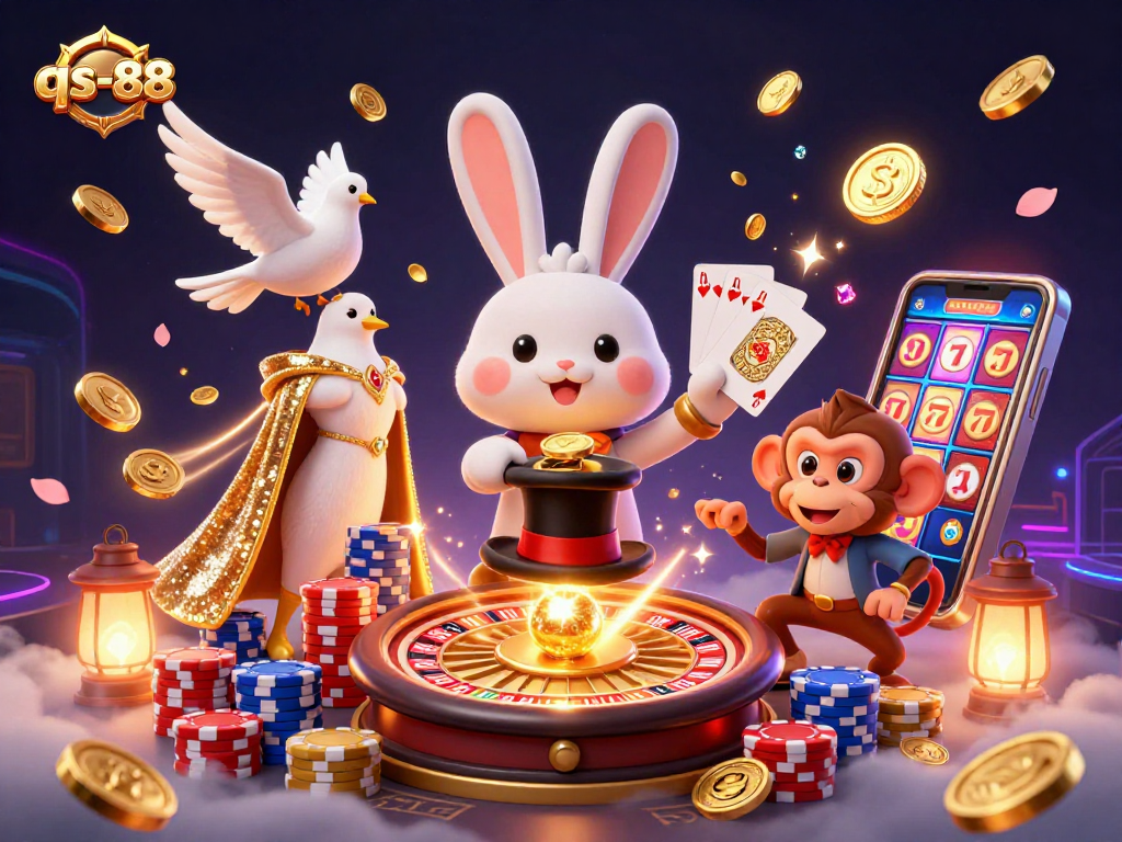Engage in exciting games at qs-88 with a vibrant 3D illustration of magic and casino fun.