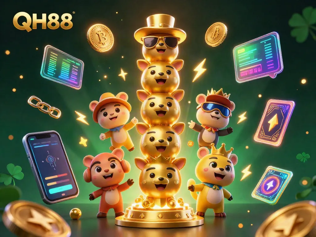 Experience the vibrant world of QH88 with dynamic casino elements and colorful characters in this 3D illustration.