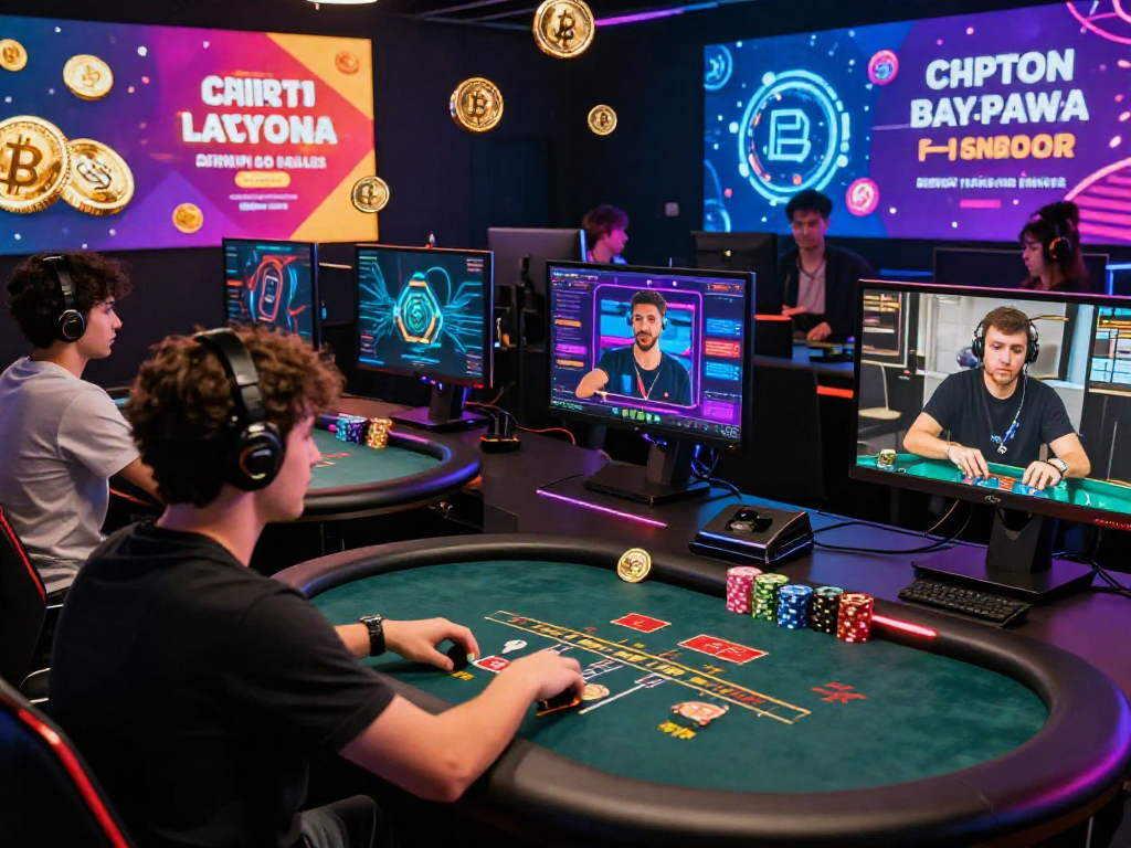 Exciting crypto casino gaming scene with players at digital tables, showcasing vibrant graphics and engaging interaction.