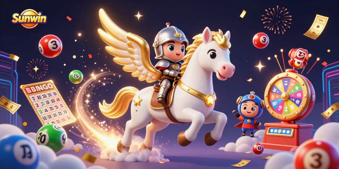 Experience thrilling wins at Sunwin with vibrant lottery balls, a prize wheel, and a magical horse.