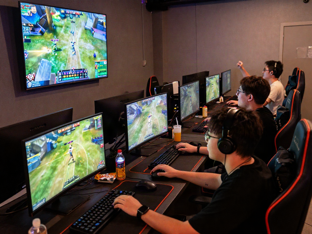 Group of gamers enjoying multiplayer action at https://789win11.org/ in a vibrant gaming lounge.