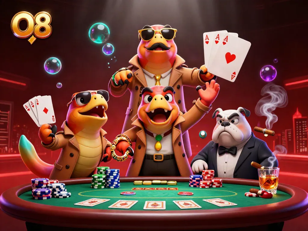 Raptors in a trench coat enter a VIP casino lounge in a colorful O8-themed scene with poker elements.
