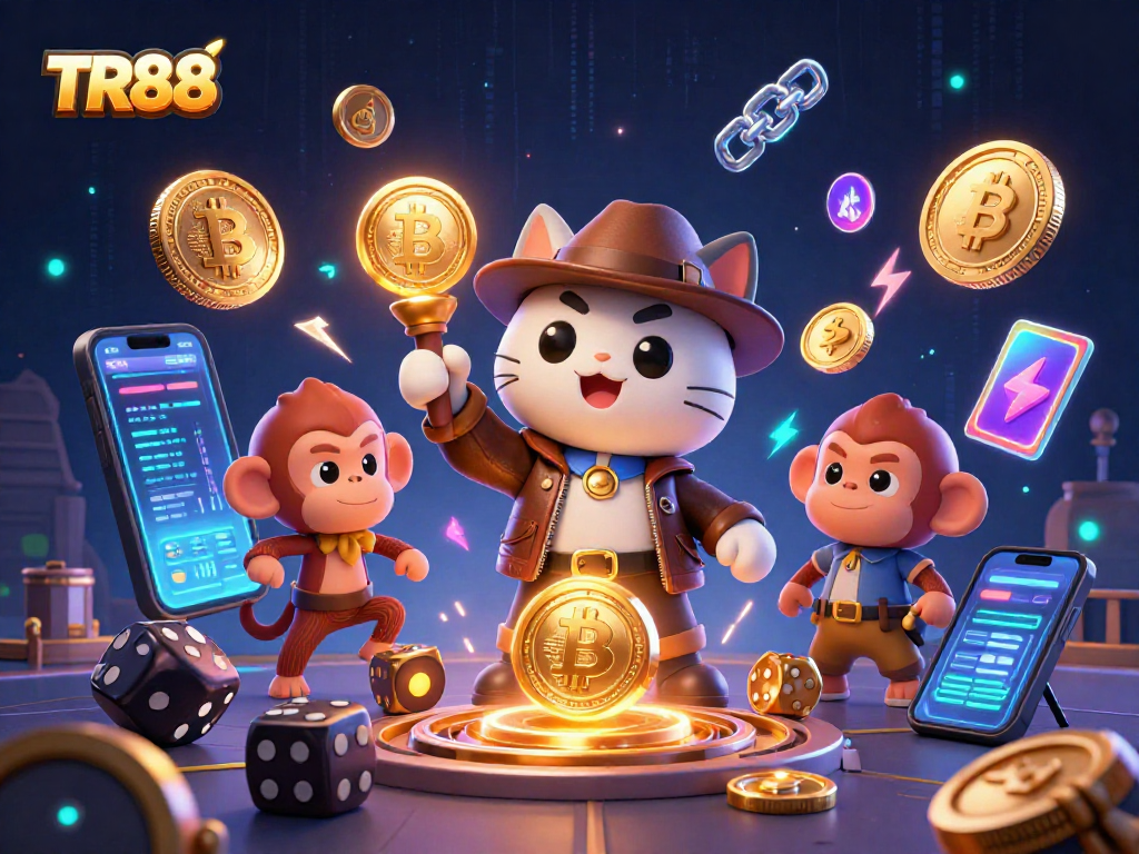 Engage with TR88 for exciting adventures in digital gambling, featuring a cartoon explorer and treasure.