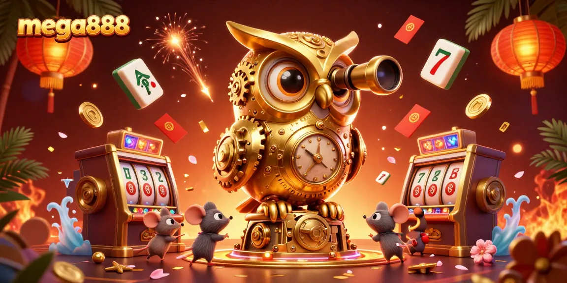 Experience the thrill of mega888 gaming with the golden owl watching over a vibrant casino scene.