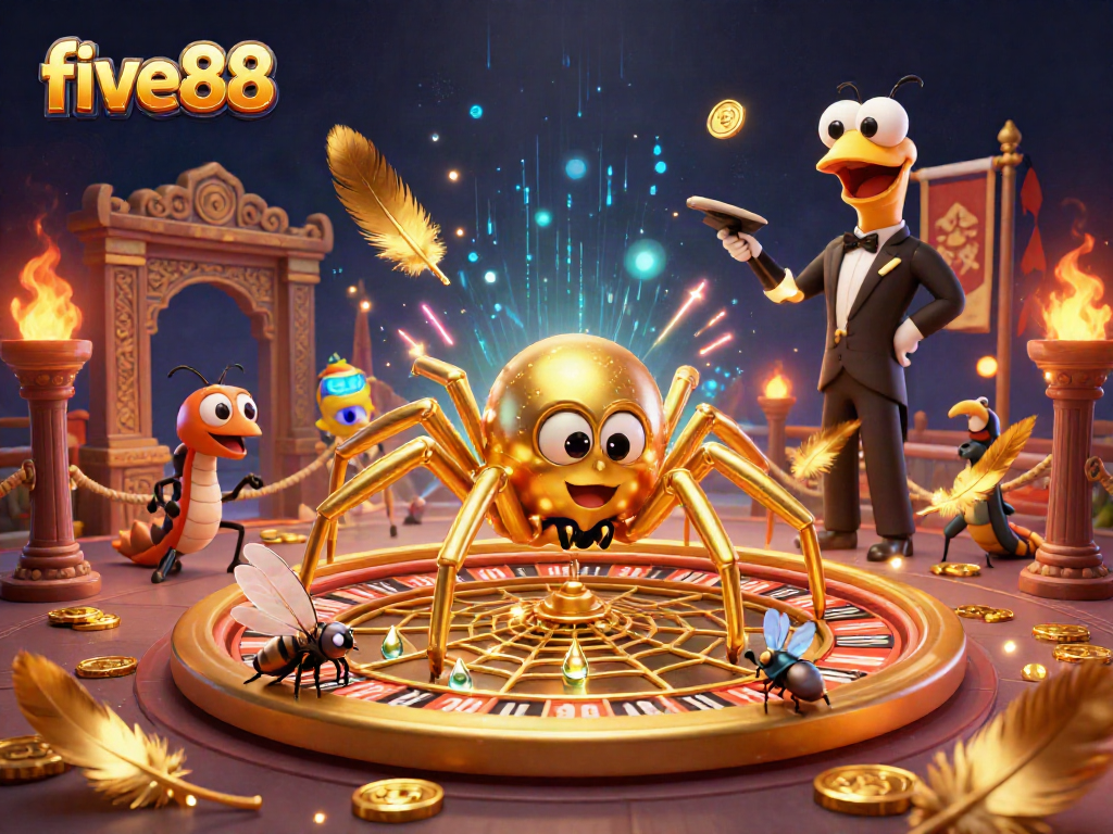 Place bets with five88 at this vibrant, dynamic casino scene featuring a golden roulette wheel web.