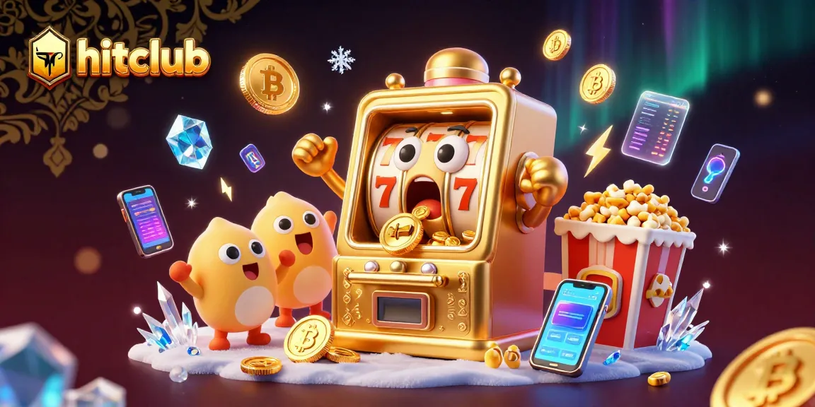 Hitclub's golden slot machine hitting a jackpot with cheering mini machines and crypto elements in a vibrant casino scene.