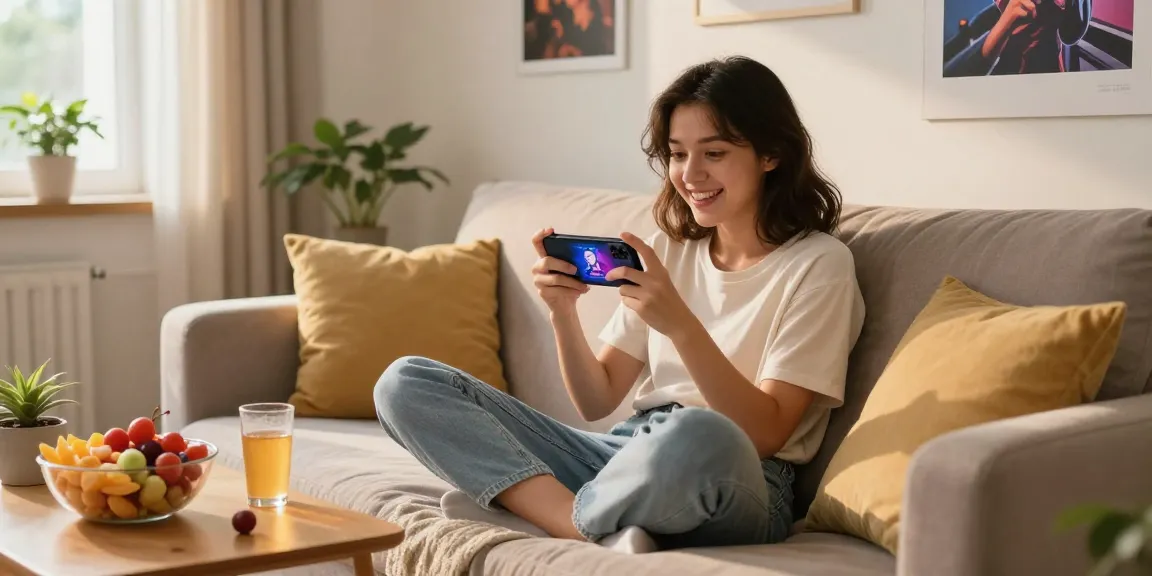 Young woman playing a mobile porn game on her smartphone in a cozy living room.