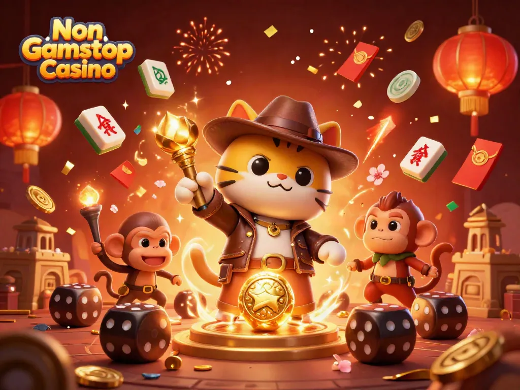 Explore the vibrant world of Non Gamstop Casino with a 3D illustration featuring an adventurous cat and monkey.