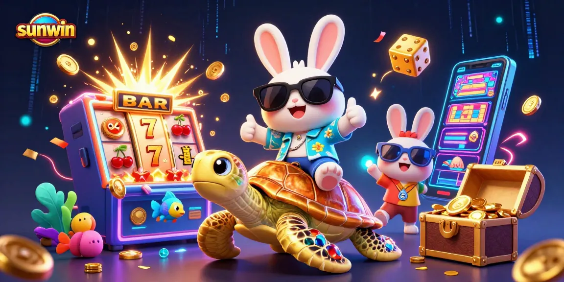 Experience sunwin magic with a dynamic illustration of a lucky rabbit and sea turtle in a vibrant casino scene.