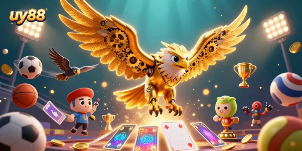 Experience thrilling gaming with uy88 in this vibrant 3D casino scene featuring dynamic characters and elements.