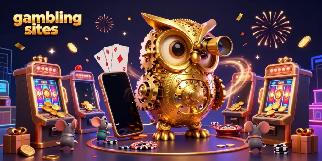 Experience vibrant gambling sites with a clockwork owl and animated characters in a dynamic casino scene.