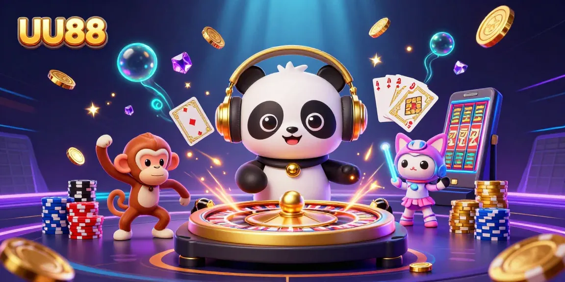 Engage with UU88's thrilling gaming experience, featuring a DJ panda and breakdancing monkey amidst casino elements.